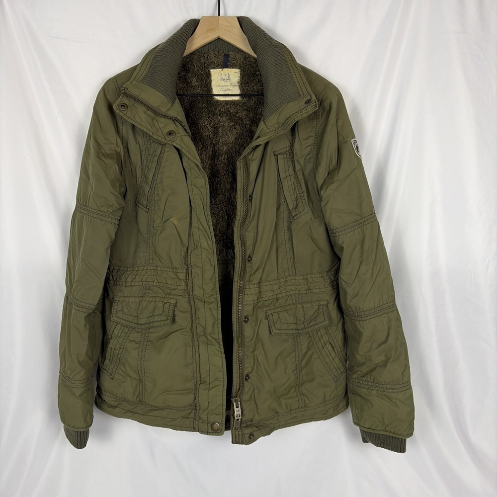 American Eagle Army Green Faux Fur Lined Winter Coat Jacket Fur Trim Hood Medium
